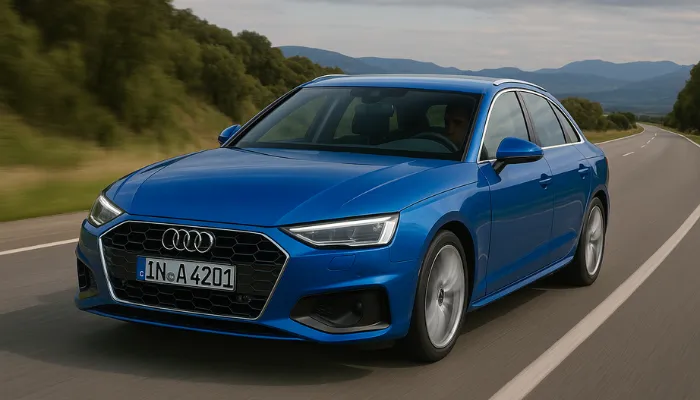 carro azul correndo na estrada representando coberturas disponíveis para o seguro do audi a4