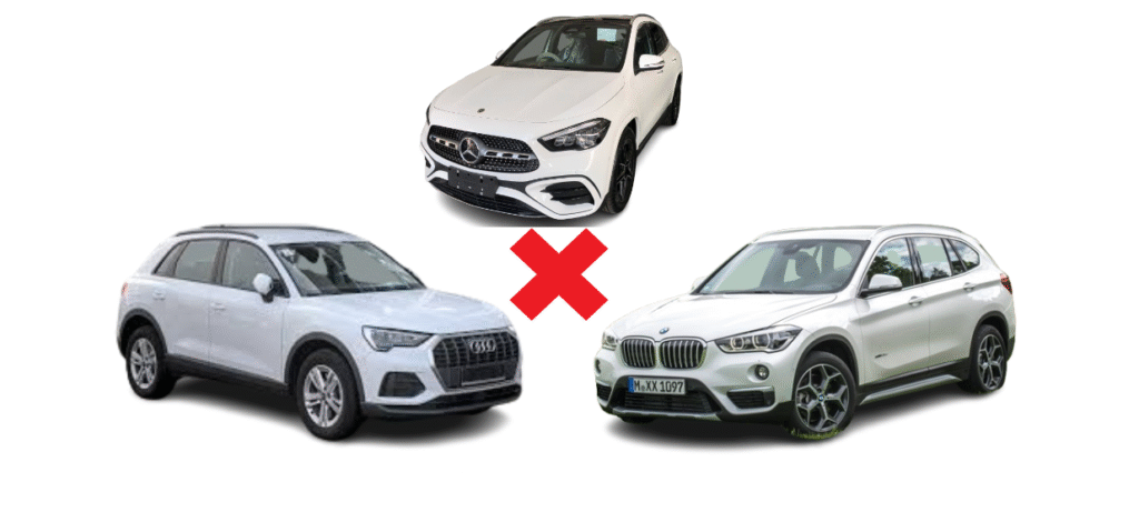 Montagem com os três veículos comparados. Falando sobre audi q3 vs mercedes gla vs bmw x1.