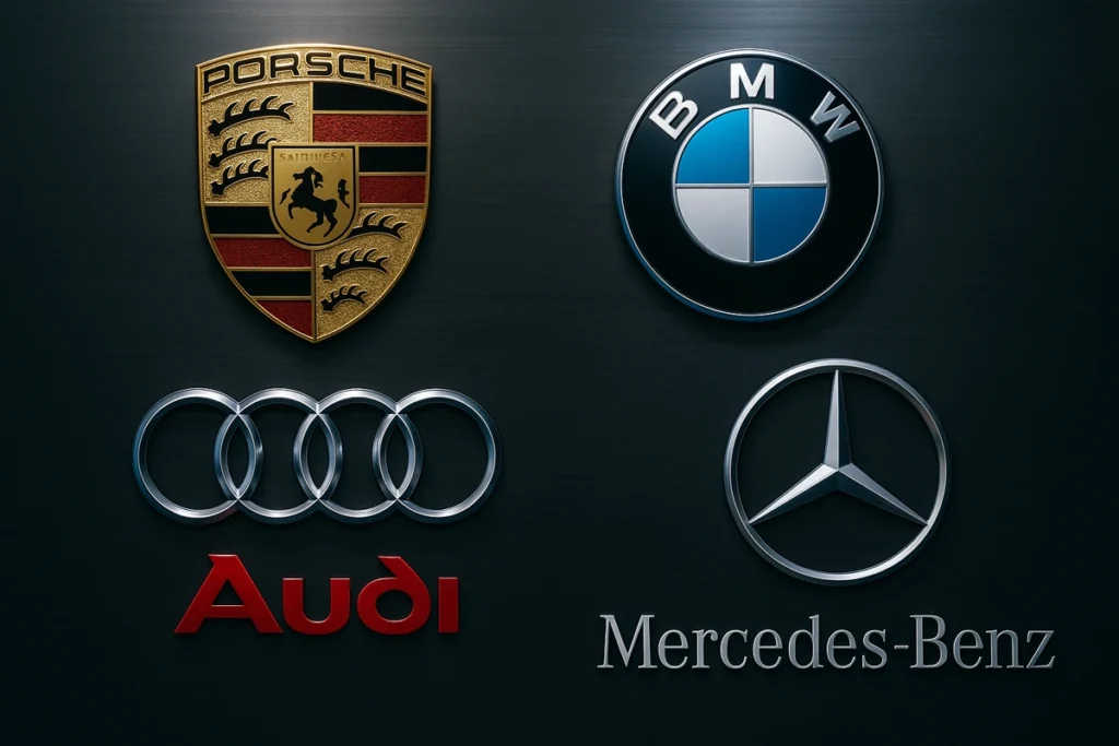 Logomarcas de Audi, BMW, Mercedes e Porsche. Comparando audi vs bmw vs mercedes vs porsche.