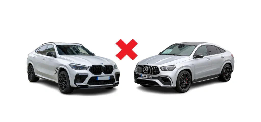 Uma X6 e uma GLE Coupé, uma oposta à outra em uma arte que ressalta a rivalidade. Falando sobre o confronto bmw x6 vs mercedes benz gle coupe.