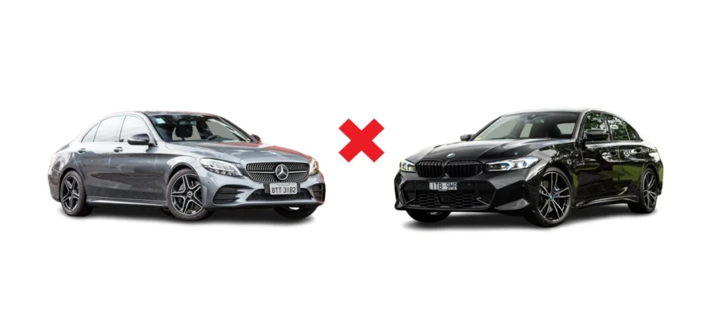 Uma C300 e uma 330i, uma oposta à outra em uma arte que ressalta a rivalidade. Falando sobre mercedes c300 vs bmw 330i.