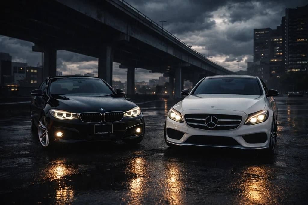 Mercedes C250 e BMW 328i lado a lado. Fazendo o comparativo bmw 328i vs mercedes c250.