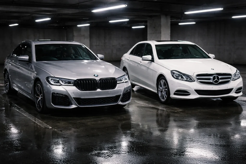 BMW 5 Series vs Mercedes-Benz E Class lado a lado. Falando sobre bmw 5 series vs mercedes benz e class.