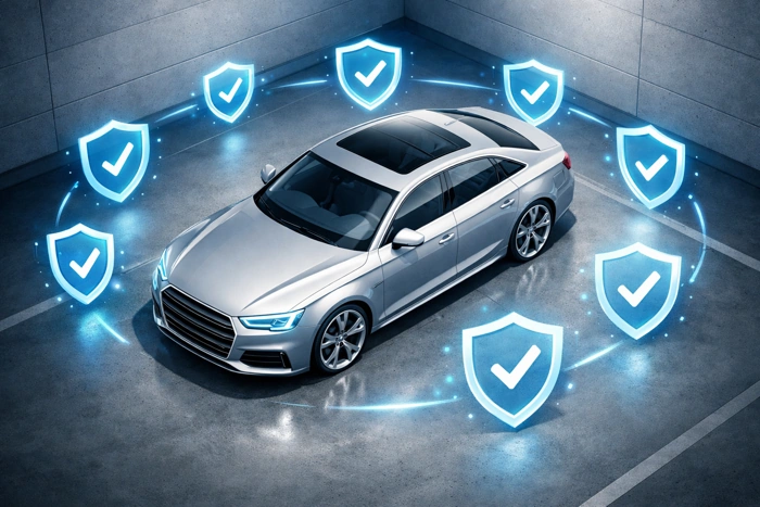Carro de luxo rodeado por escudos que representam o seguro compreensivo. Falando sobre a cobertura compreensiva seguro auto.