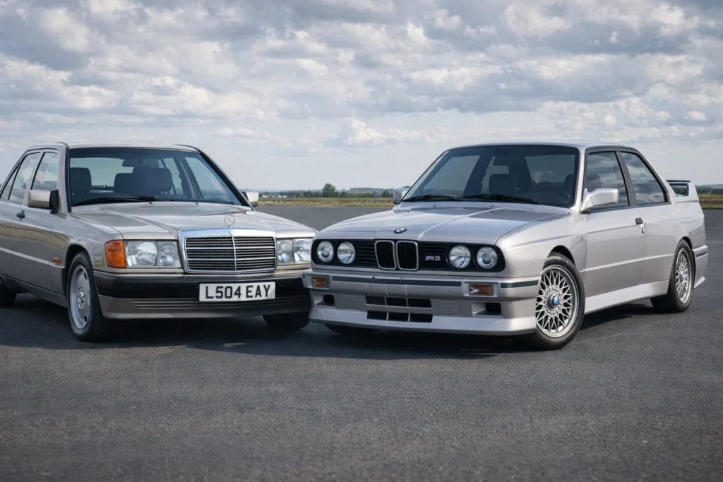 E30 M3 e 190E lado a lado para um embate. Falando sobre bmw e30 m3 vs mercedes 190e.