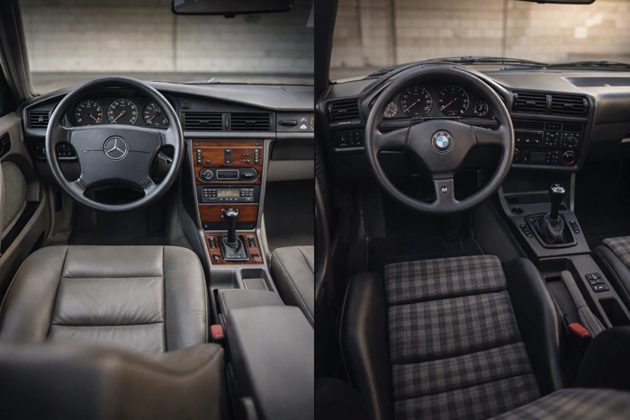 Interiores da E30 M3 e da 190E. Falando sobre bmw e30 m3 vs mercedes 190e.