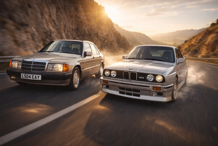 BMW E30 M3 e Mercedes 190E em alta velocidade em uma rodovia. Falando sobre bmw e30 m3 vs mercedes 190e.
