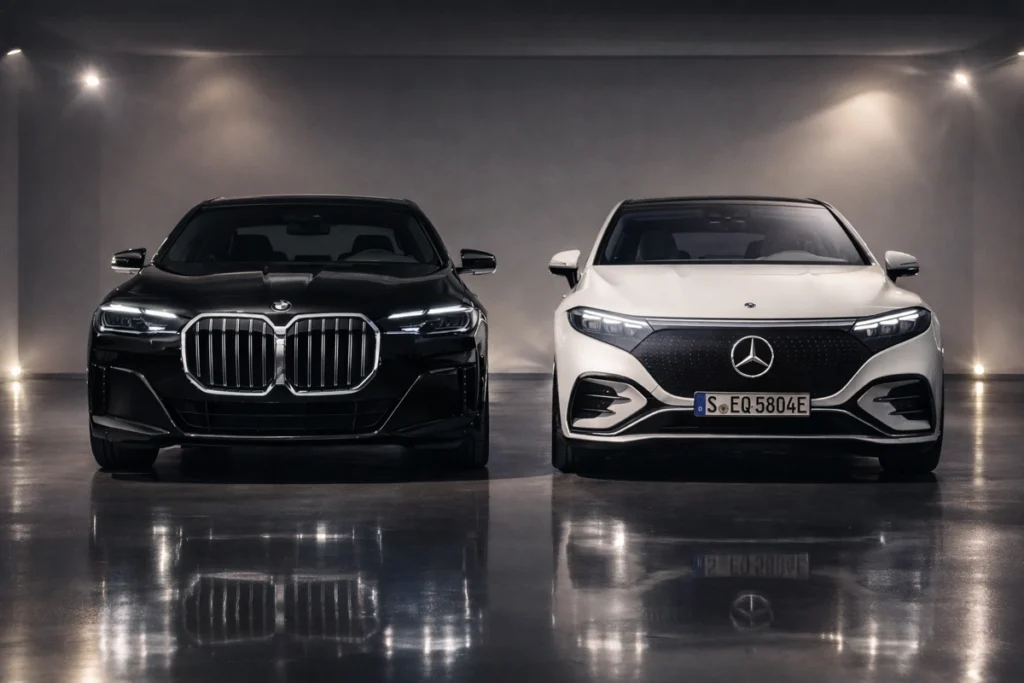 Mercedes EQS preta e BMW i7 lado a lado. Falando sobre bmw i7 vs mercedes eqs.