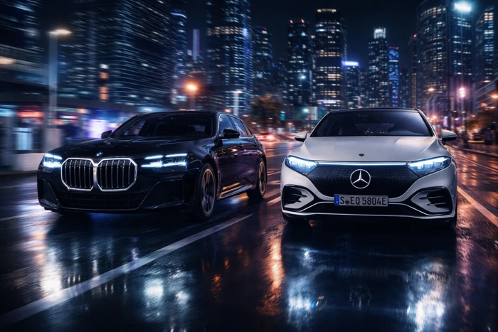 Mercedes EQS e BMW i7 em competição de velocidade na rua de uma metrópole. Falando sobre bmw i7 vs mercedes eqs.