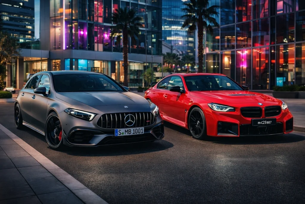 BMW M2 e Mercedes A45 lado a lado. Falando sobre bmw m2 vs mercedes a45 amg.