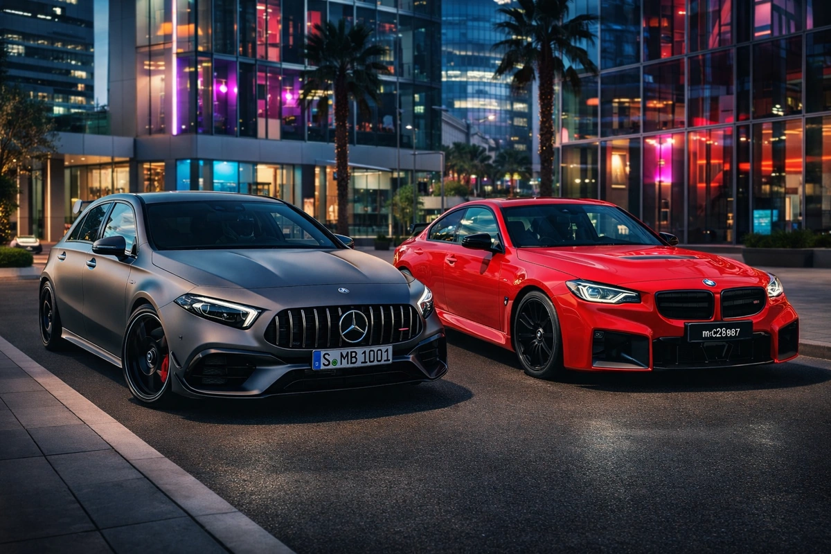 BMW M2 e Mercedes A45 lado a lado. Falando sobre bmw m2 vs mercedes a45 amg.