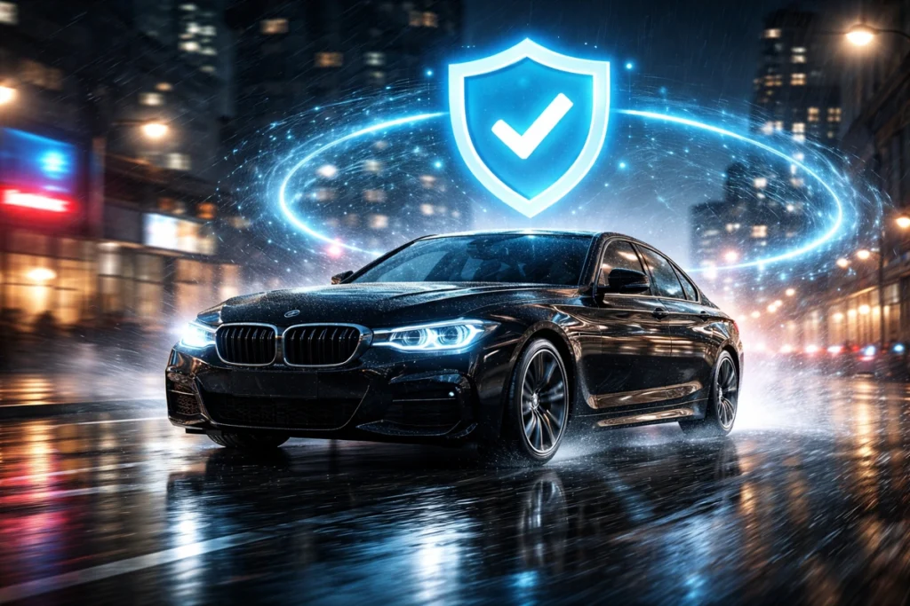 Carro da BMW com escudo digitalmente adicionado sobre ele. Falando sobre a cobertura compreensiva seguro auto.