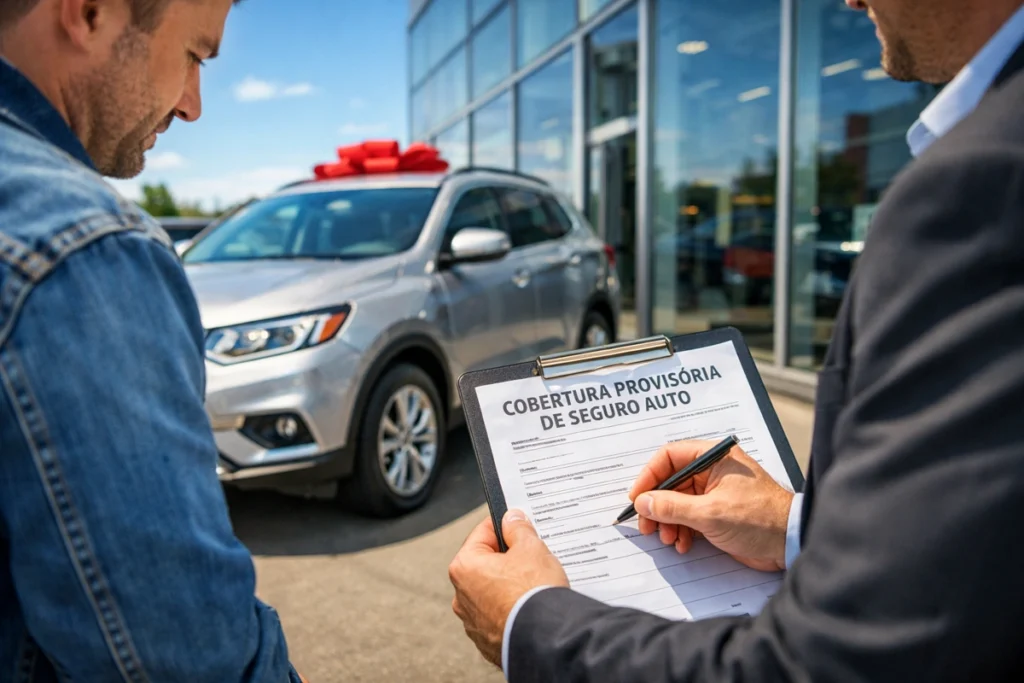 Corretor apresenta apólice de seguro provisório a cliente. Falando sobre cobertura provisória seguro auto.