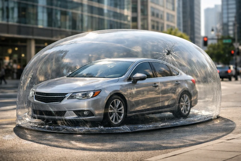 Carro dentro de uma redoma. A redoma tem um pequeno furo. Falando sobre cobertura total seguro de auto.