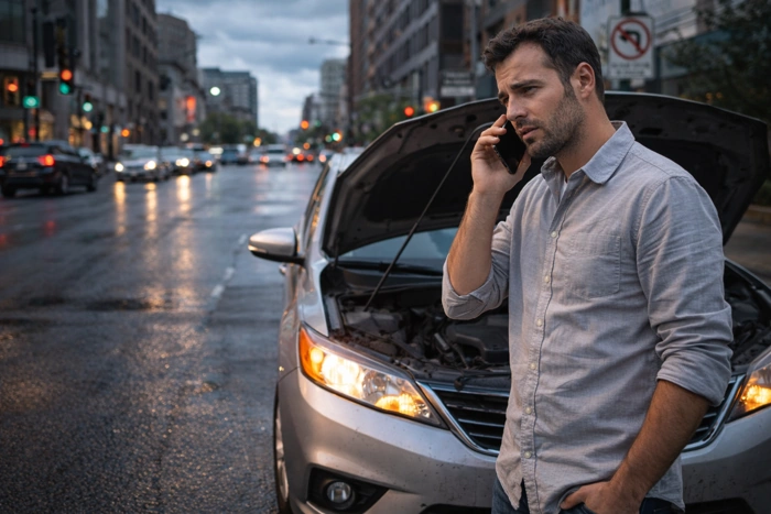 Homem fala ao celular. Seu carro está com o capô aberto atrás dele. Falando sobre cobertura provisória seguro auto.