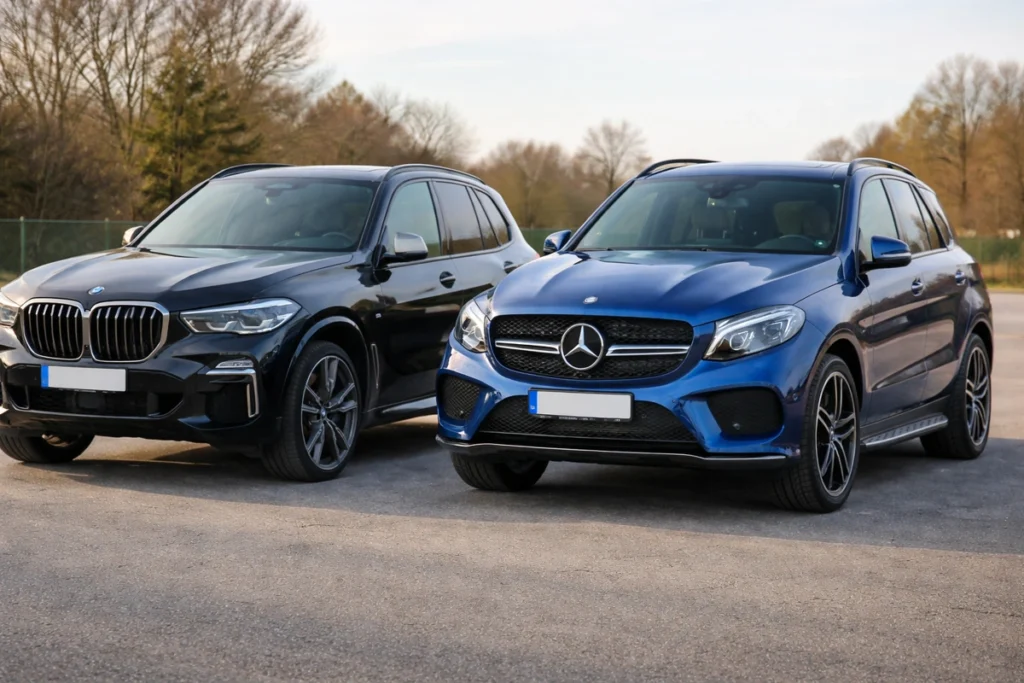 Mercedes GLW SUV e BMW X5 lado a lado. Falando sobre mercedes gle suv vs bmw x5.