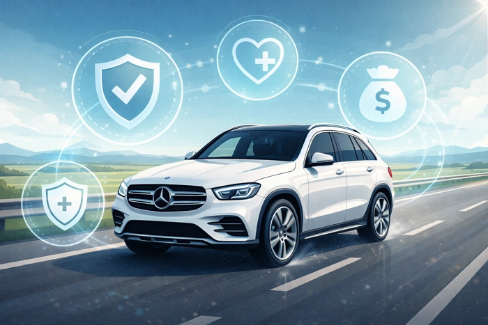Veículo da Mercedes-Benz com alguns símbolos que representam seguro compreensivo em volta. Falando sobre a cobertura compreensiva seguro auto.