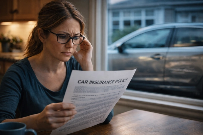 Mulher lendo apólice de seguro. Na janela atrás dela, seu carro estacionado. Falando sobre cobertura total seguro de auto.