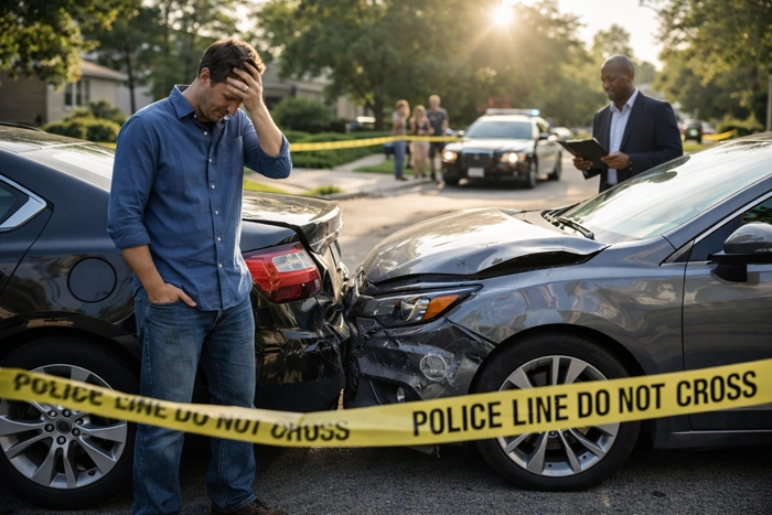 Cena de colisão entre carros lacrada pela polícia. Um dos proprietários leva as mãos à cabeça em sinal de desespero. Há um carro de polícia na cena e alguns curiosos também. Falando sobre cobertura total seguro de auto.