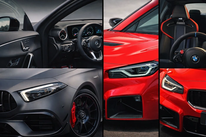 Detalhes da BMW M2 e da Mercedes-Benz A45 AMG em perspectiva. Falando sobre bmw m2 vs mercedes a45 amg.
