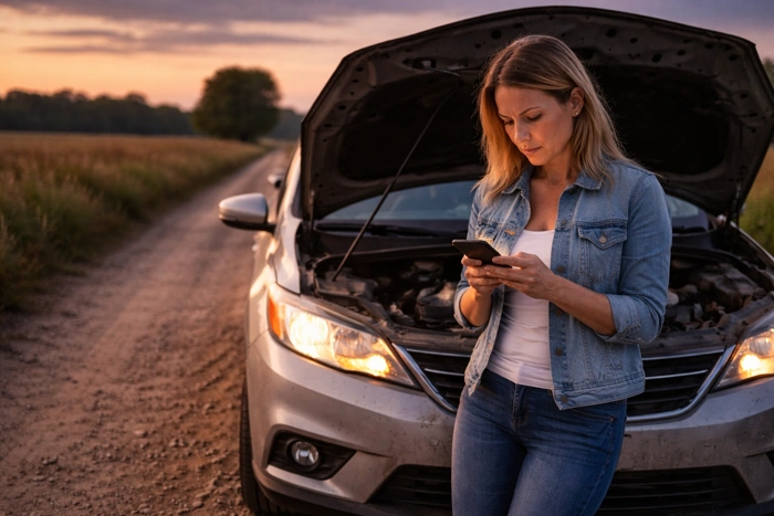 Mulher usa celular enquanto se encosta no seu carro que está com o capô aberto atrás. O carro está numa estrada. Falando sobre cobertura provisória seguro auto.