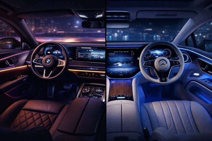 Interiores de BMW i7 e Mercedes EQS. Falando sobre bmw i7 vs mercedes eqs.