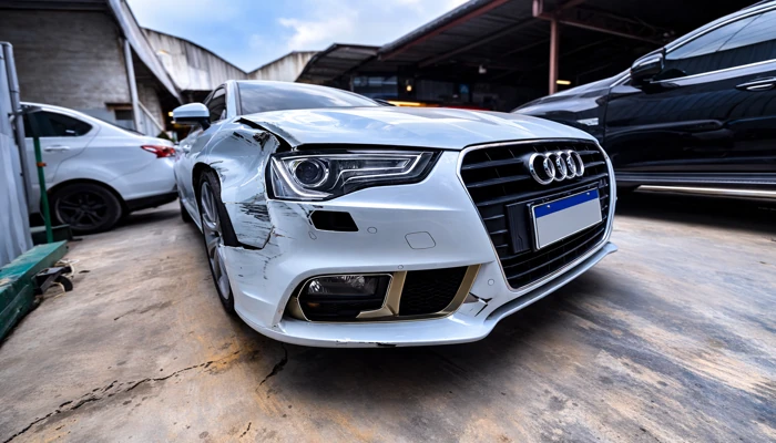 Carro Audi danificado ilustrando erro no sinistro do seguro auto