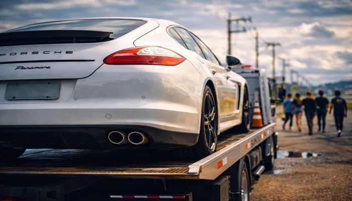 Carro de luxo sendo guinchado mostrando risco de seguro mal contratado