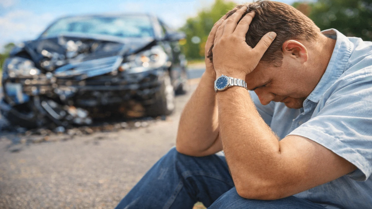 Motorista preocupado após acidente ilustrando problema de seguro mal contratado