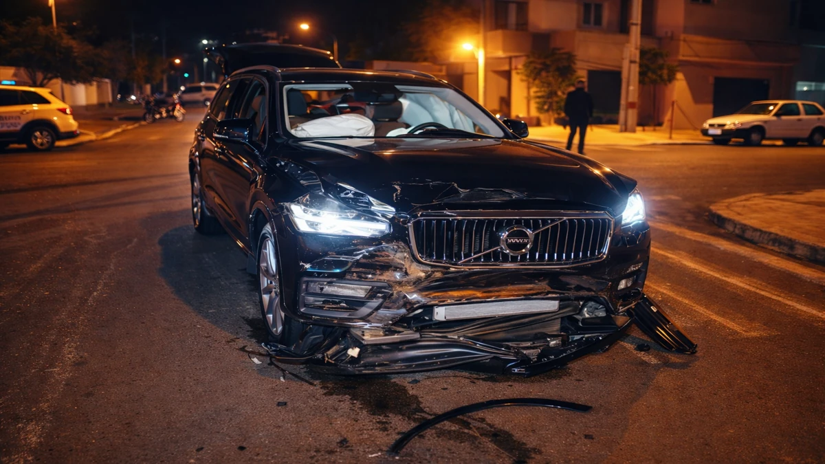 carro premium batido sem seguro com frente destruída após colisão noturna